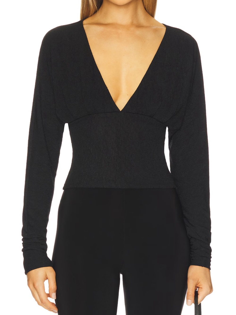 Superdown Black Deep V-Neck Long Sleeve Top